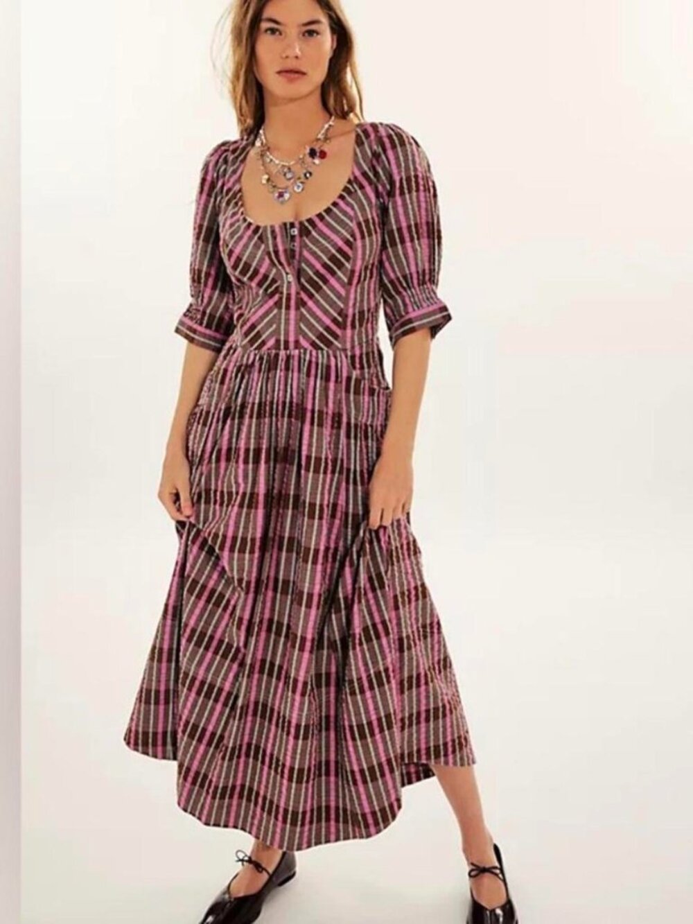 Free People Midi Dress Plaid Brown Combo Size Medium (M) NWOT